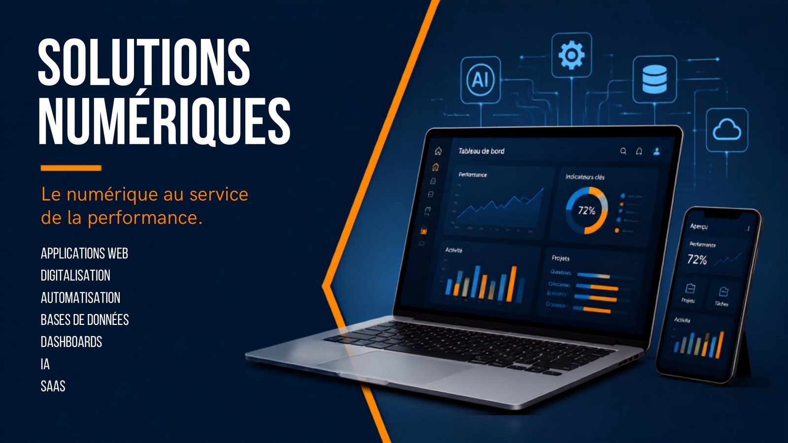 Solutions Numériques — Le numérique au service de la performance : applications web, digitalisation, automatisation, bases de données, dashboards, IA, SaaS.